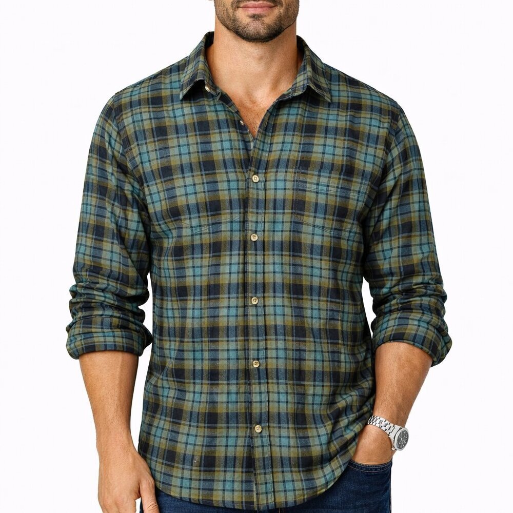Alesbury Plaid Flannel Shirt Large Green Blue Outdoor Gorpcore Soft Stretch NWT